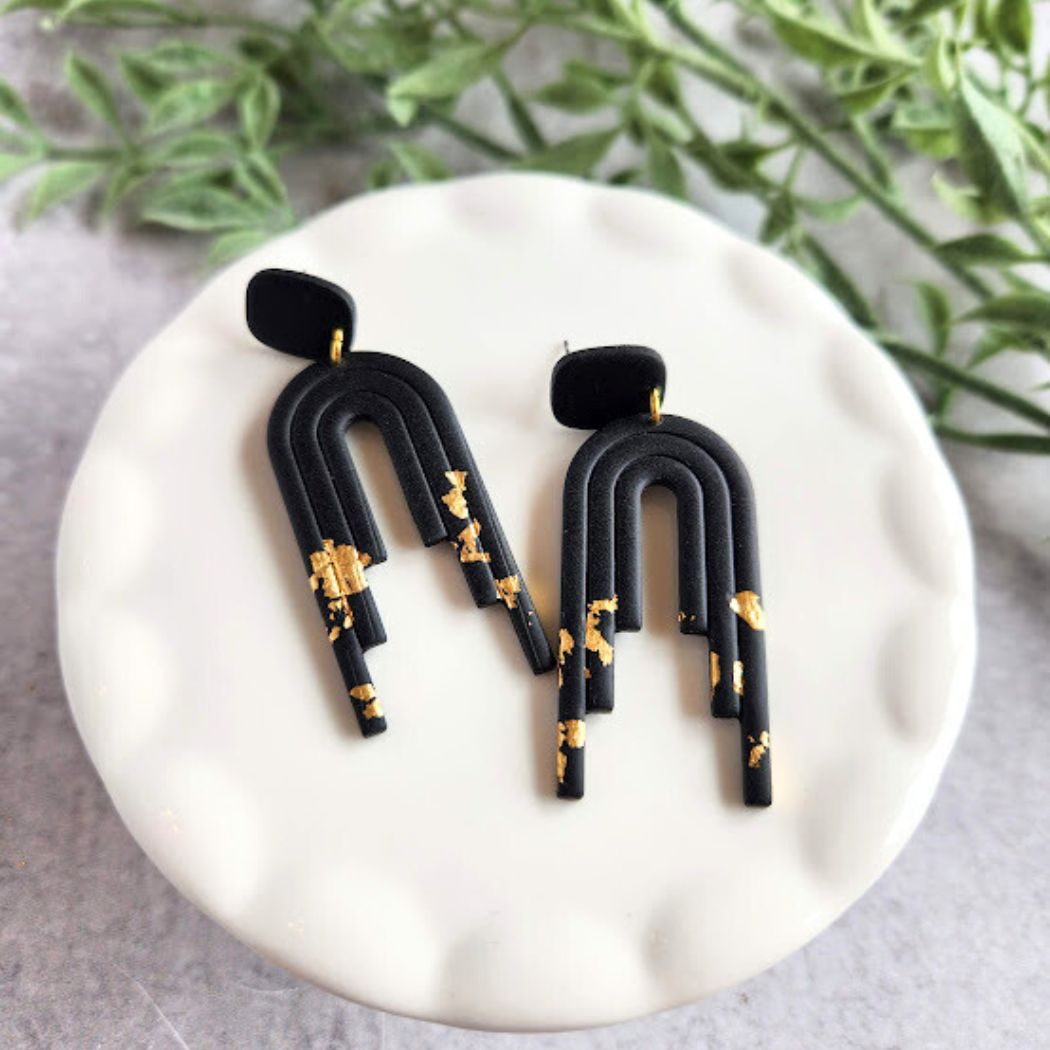 Black and Gold Polymer Clay Dangle Earrings