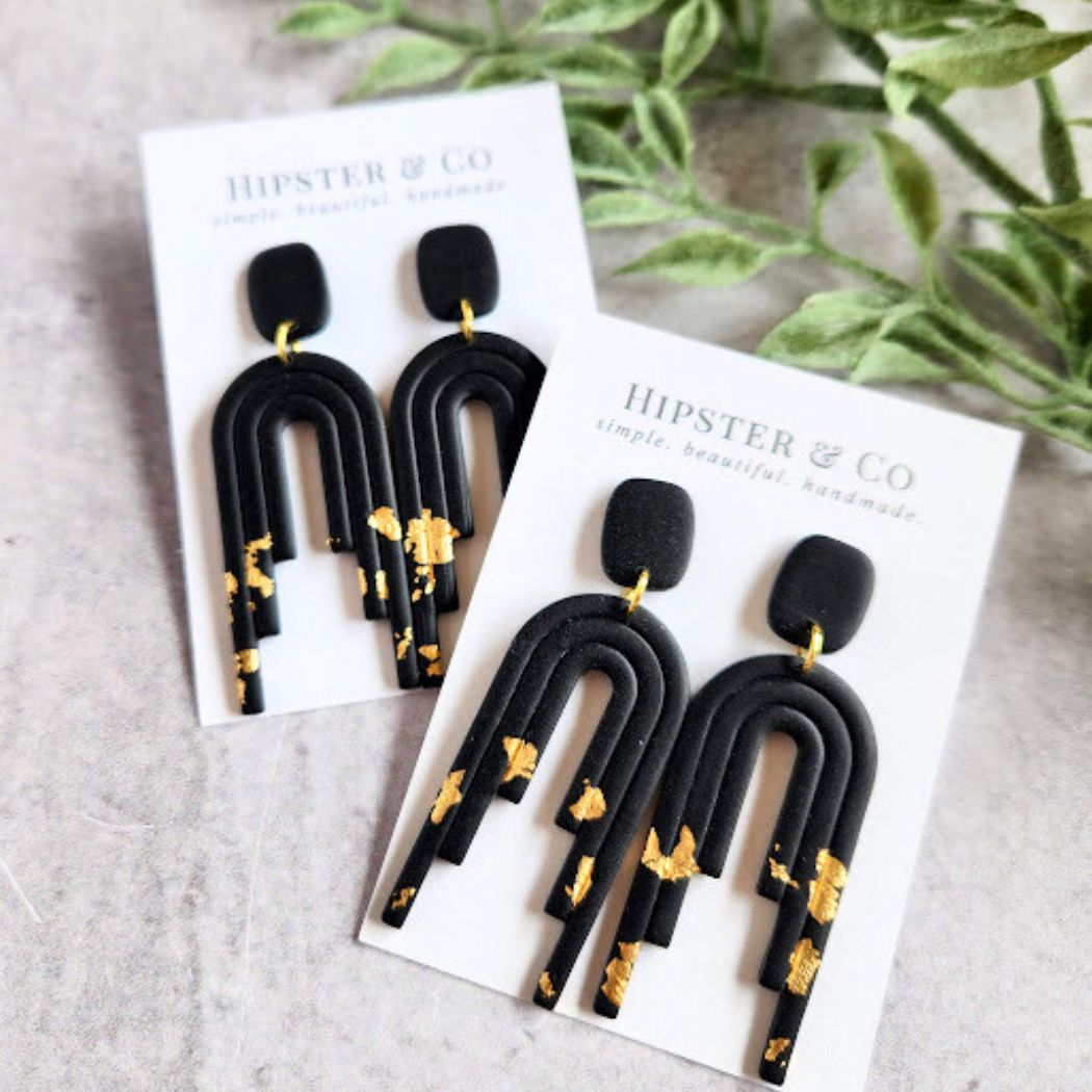 Black and Gold Polymer Clay Dangle Earrings