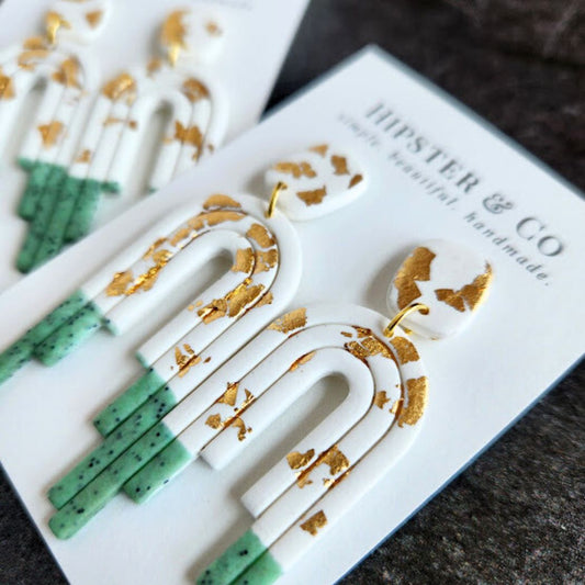 The Angelica Green, White, and Gold Polymer Clay Dangle Earrings
