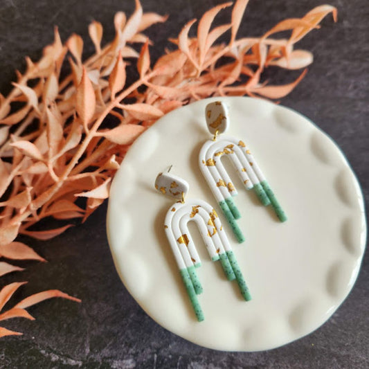 The Angelica Green, White, and Gold Polymer Clay Dangle Earrings