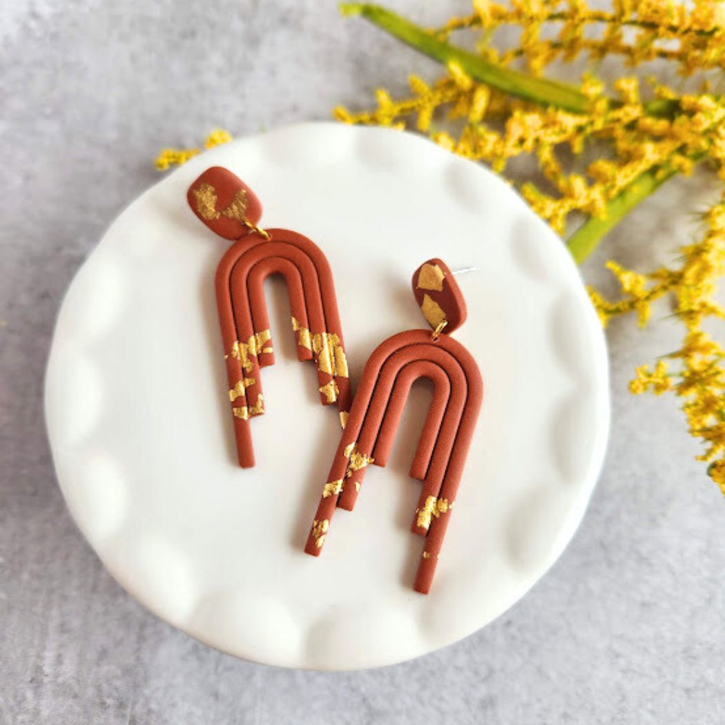 Cinnamon and Gold Polymer Clay Dangle Earrings