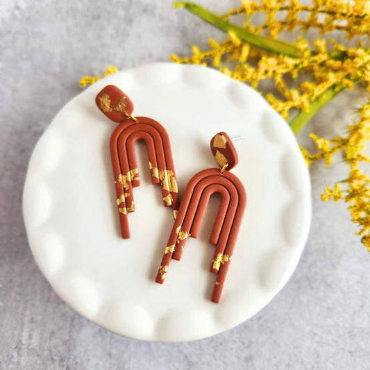 Terracotta and Gold Polymer Clay Dangle Earrings