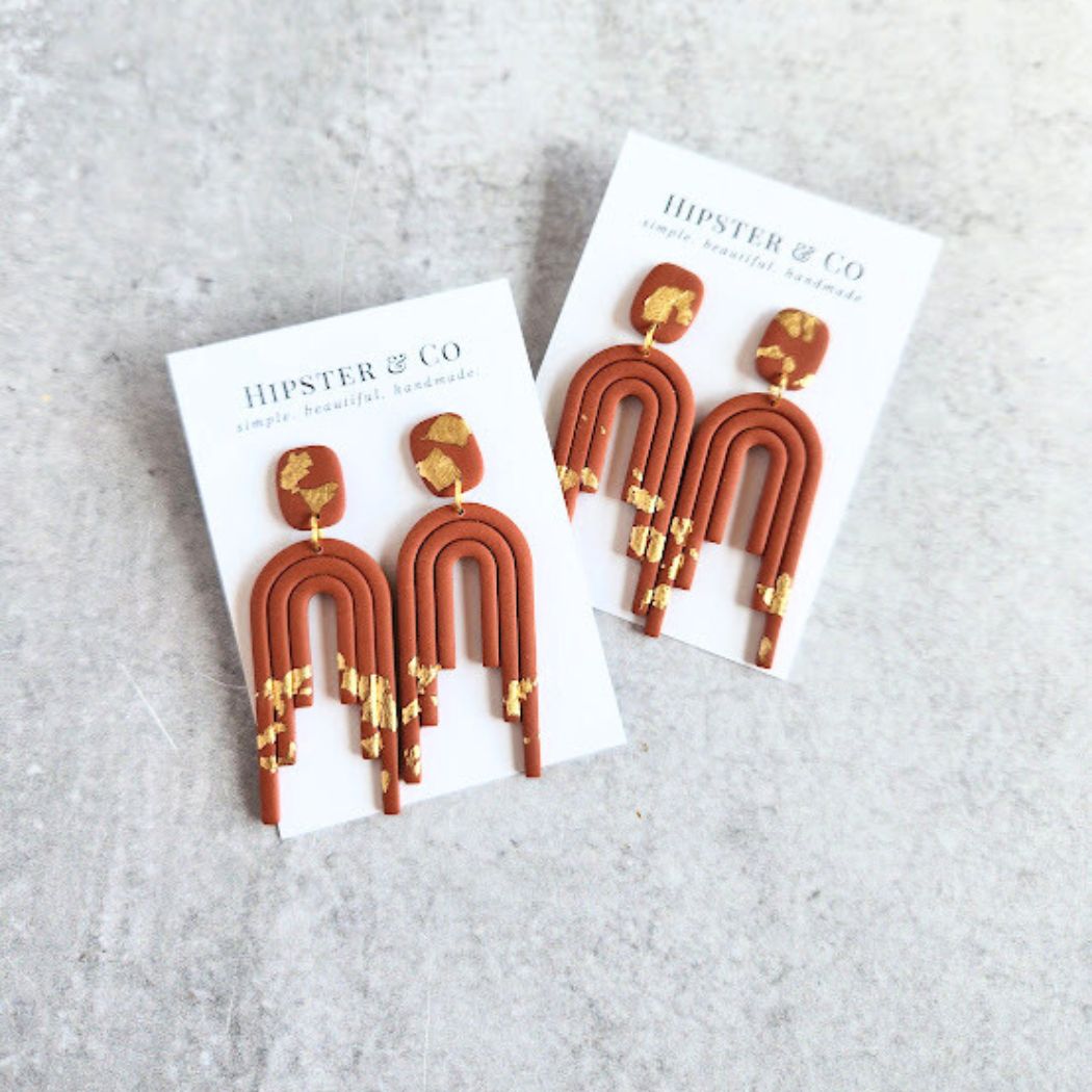 Terracotta and Gold Polymer Clay Dangle Earrings