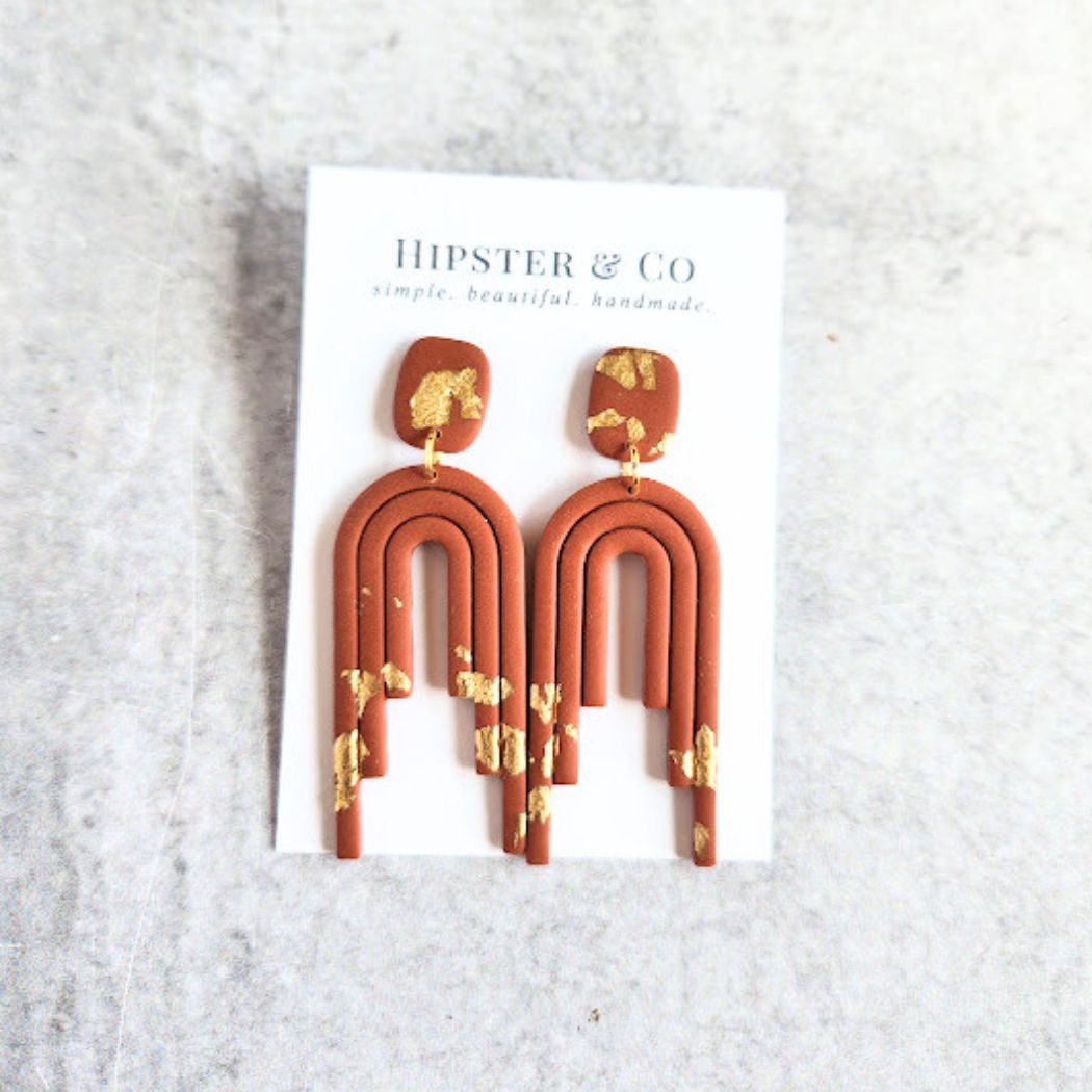 Terracotta and Gold Polymer Clay Dangle Earrings