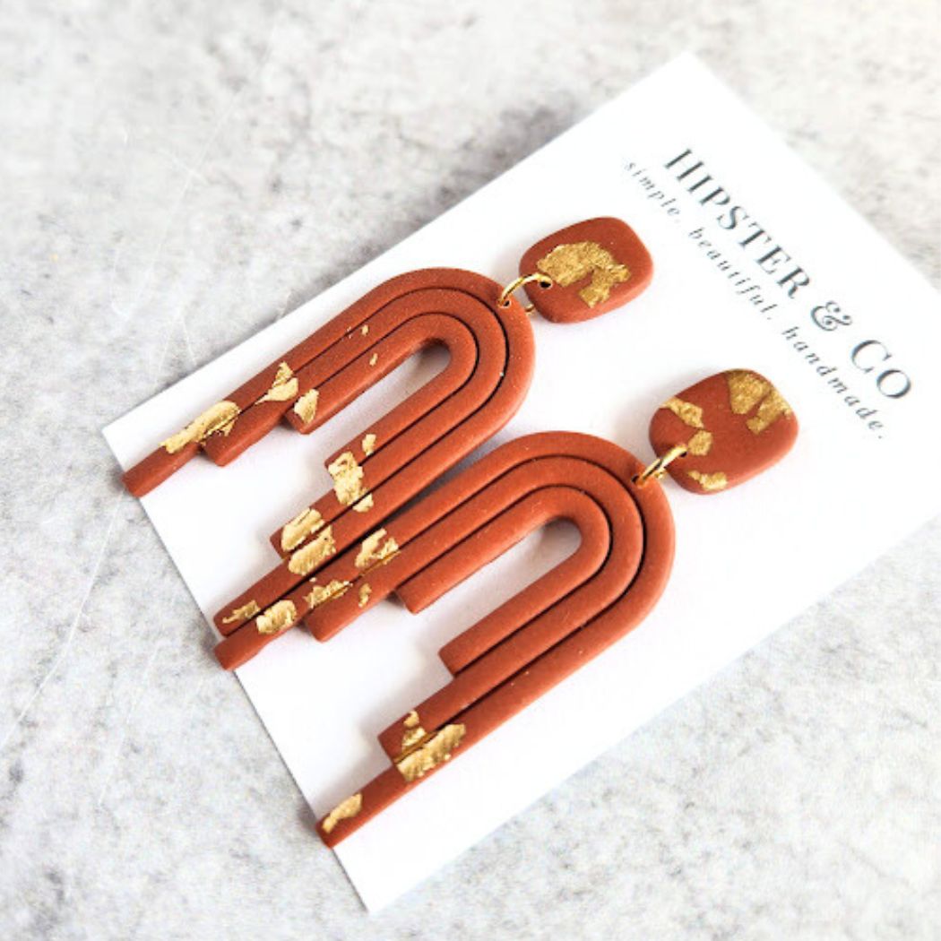 Cinnamon and Gold Polymer Clay Dangle Earrings