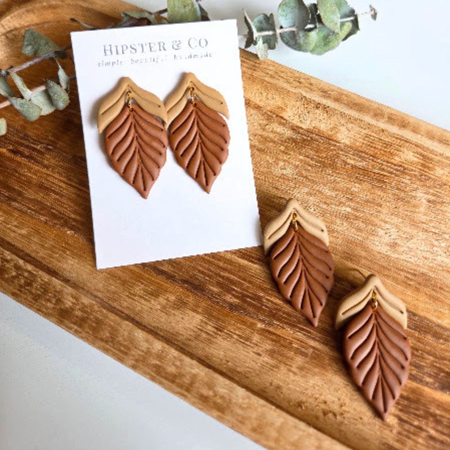 Beige and Brown Feather Polymer Clay Earrings