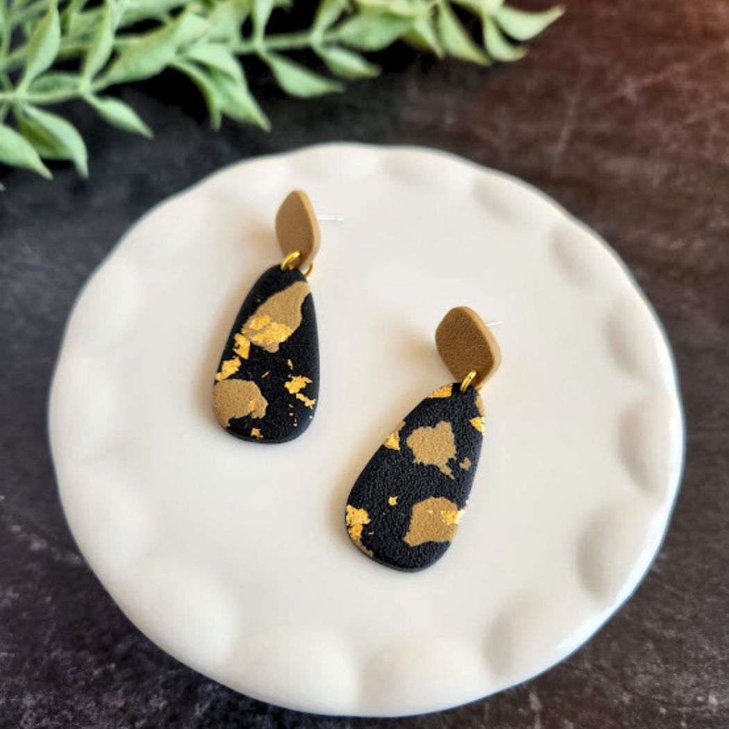 Black, Brown, and Gold Dangle Polymer Clay Earrings