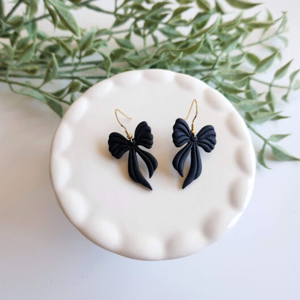 Black Bow Polymer Clay Dangle Earrings