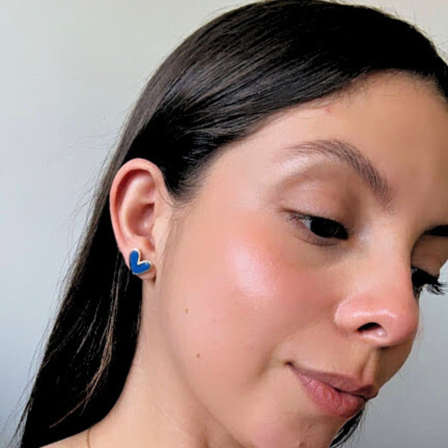 Light Blue Glitter Polymer Clay and Brass Heart Stud Earrings
