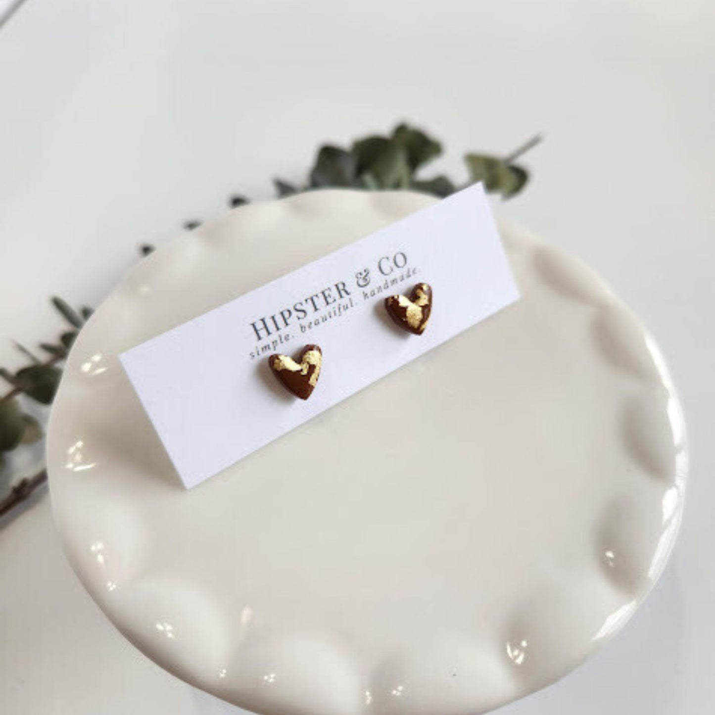 Caramel and Gold Heart Stud Earrings