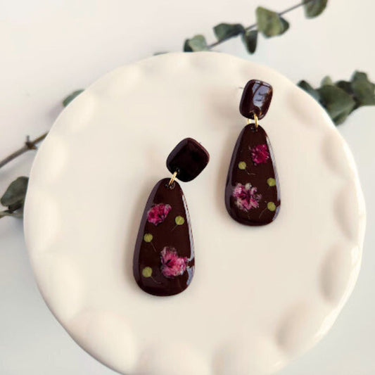 Chocolate Brown Teardrop Floral Polymer Clay Earrings