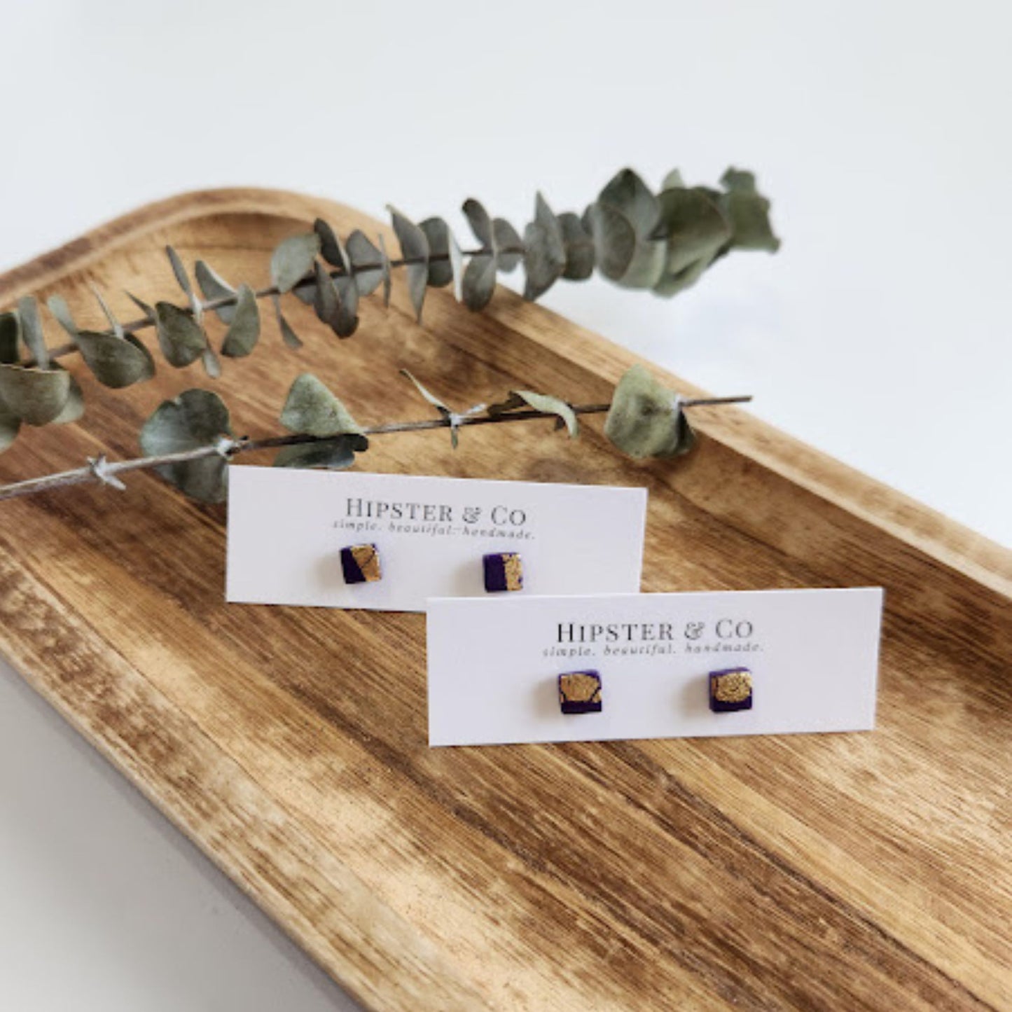 Deep Purple and Gold Square Stud Earrings
