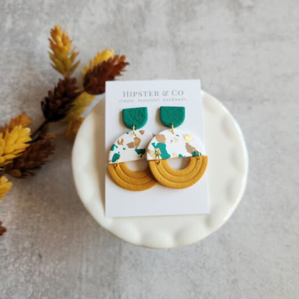 Green, Mustard Yellow, and White Geometric Polymer Clay Earrings