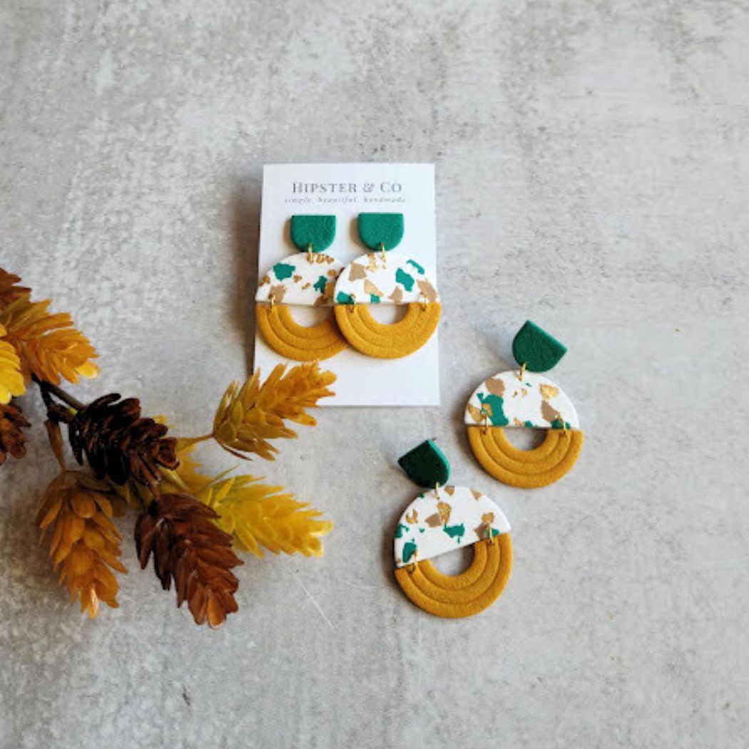 Green, Mustard Yellow, and White Geometric Polymer Clay Earrings