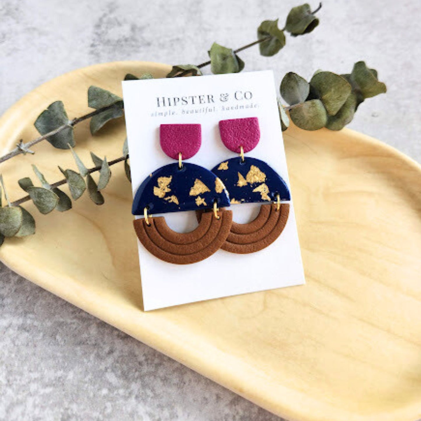 Navy and Brown Color Block Geometric Earring