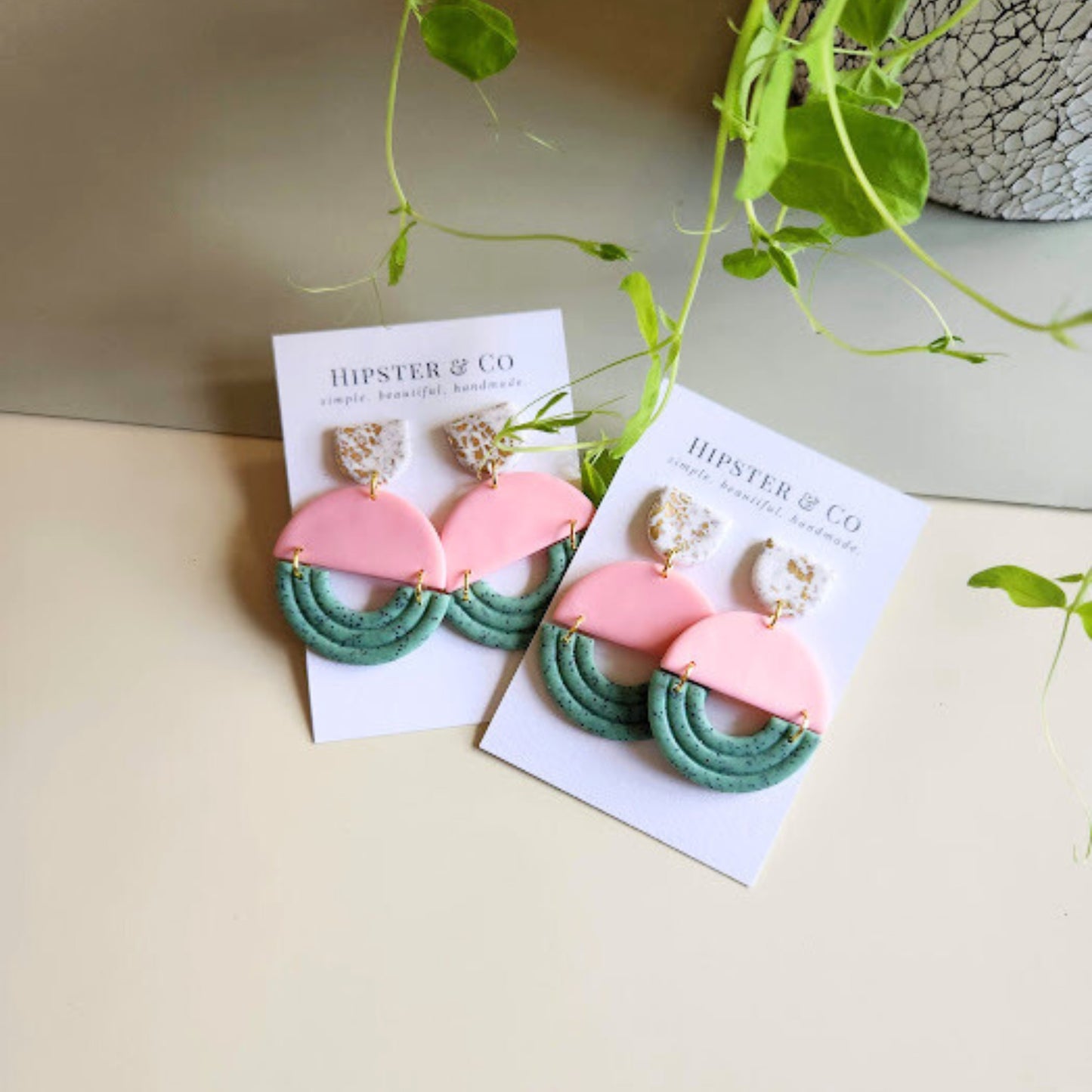The Eliana Color Block Polymer Clay Dangle Earrings in Pink and Mint