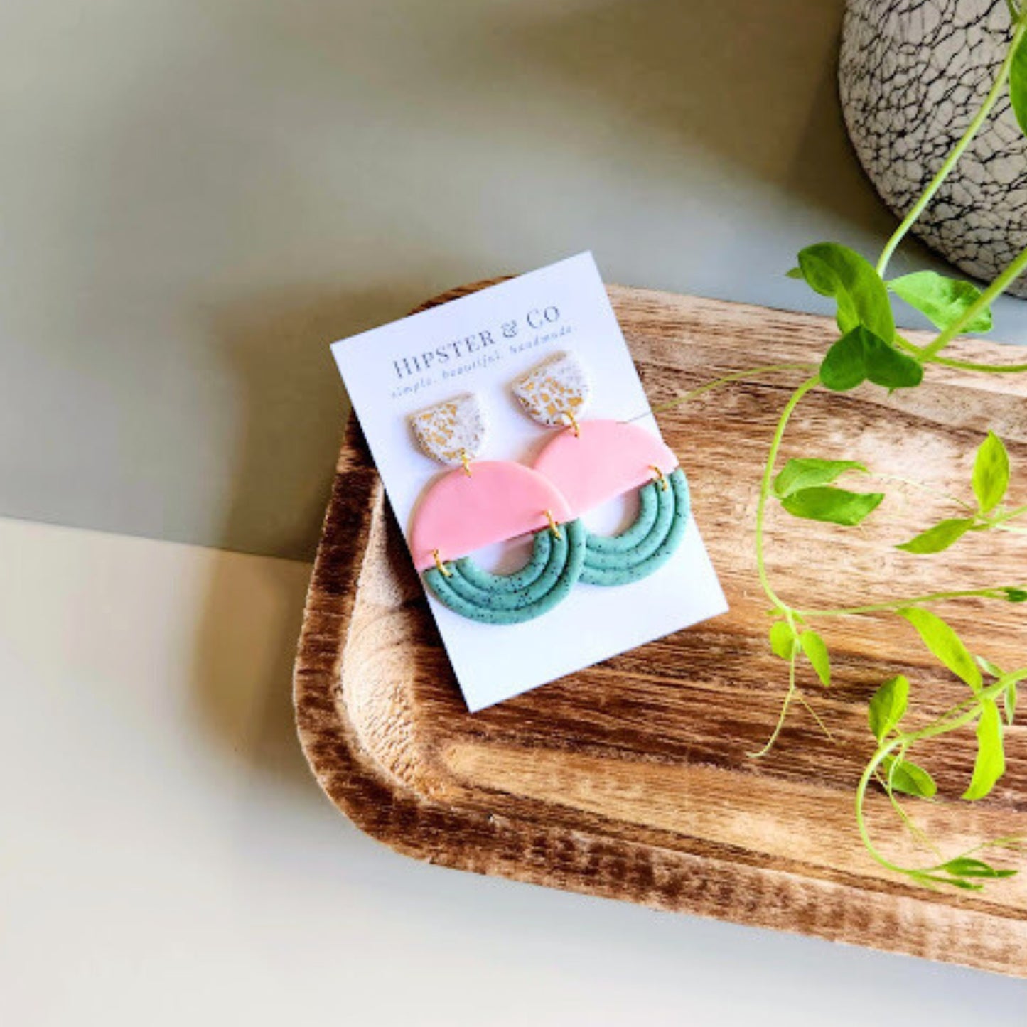 The Eliana Color Block Polymer Clay Dangle Earrings in Pink and Mint