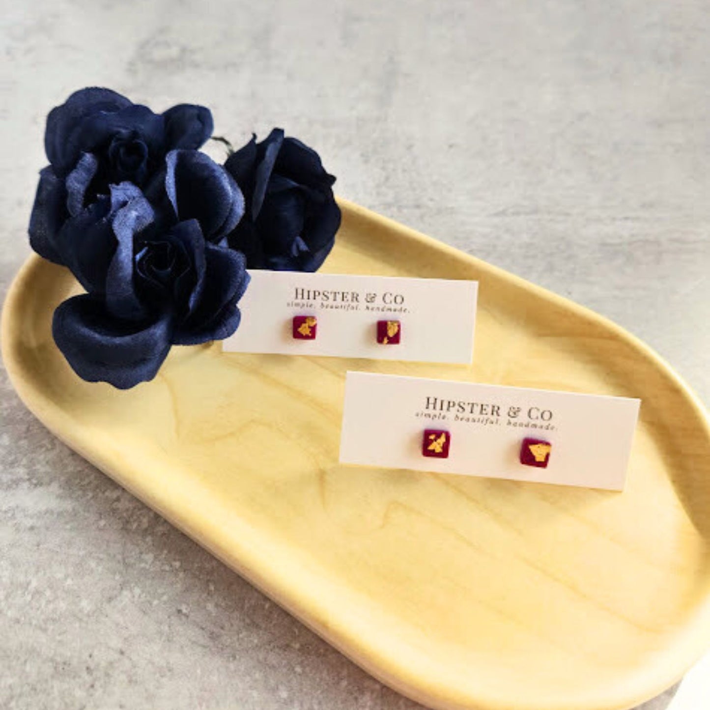 Fuchsia and Gold Square Stud Earrings