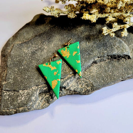 Green and Gold Triangle Polymer Clay Earrings
