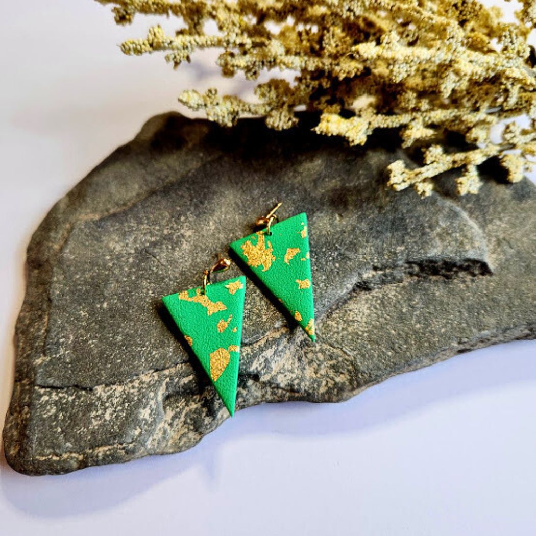 Green and Gold Triangle Polymer Clay Earrings