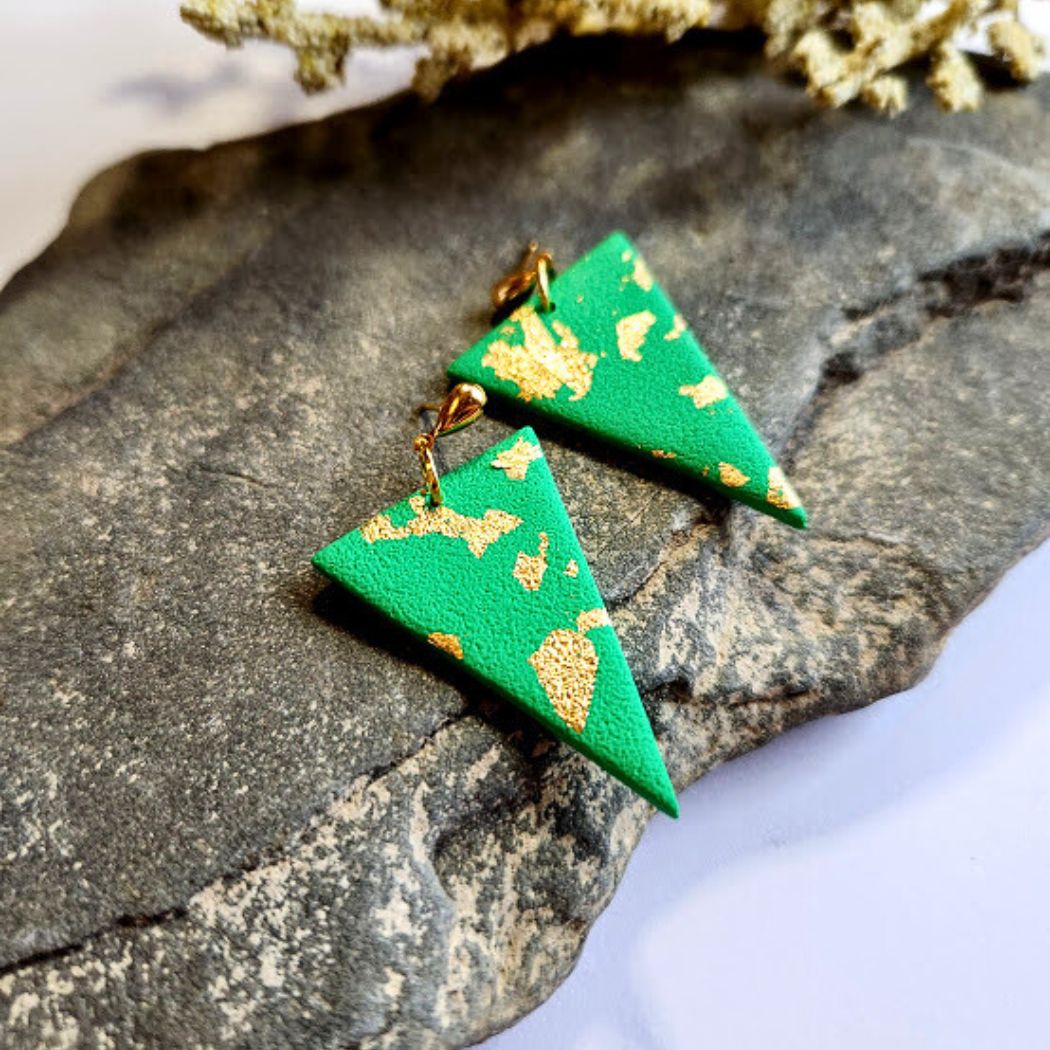 Green and Gold Triangle Polymer Clay Earrings