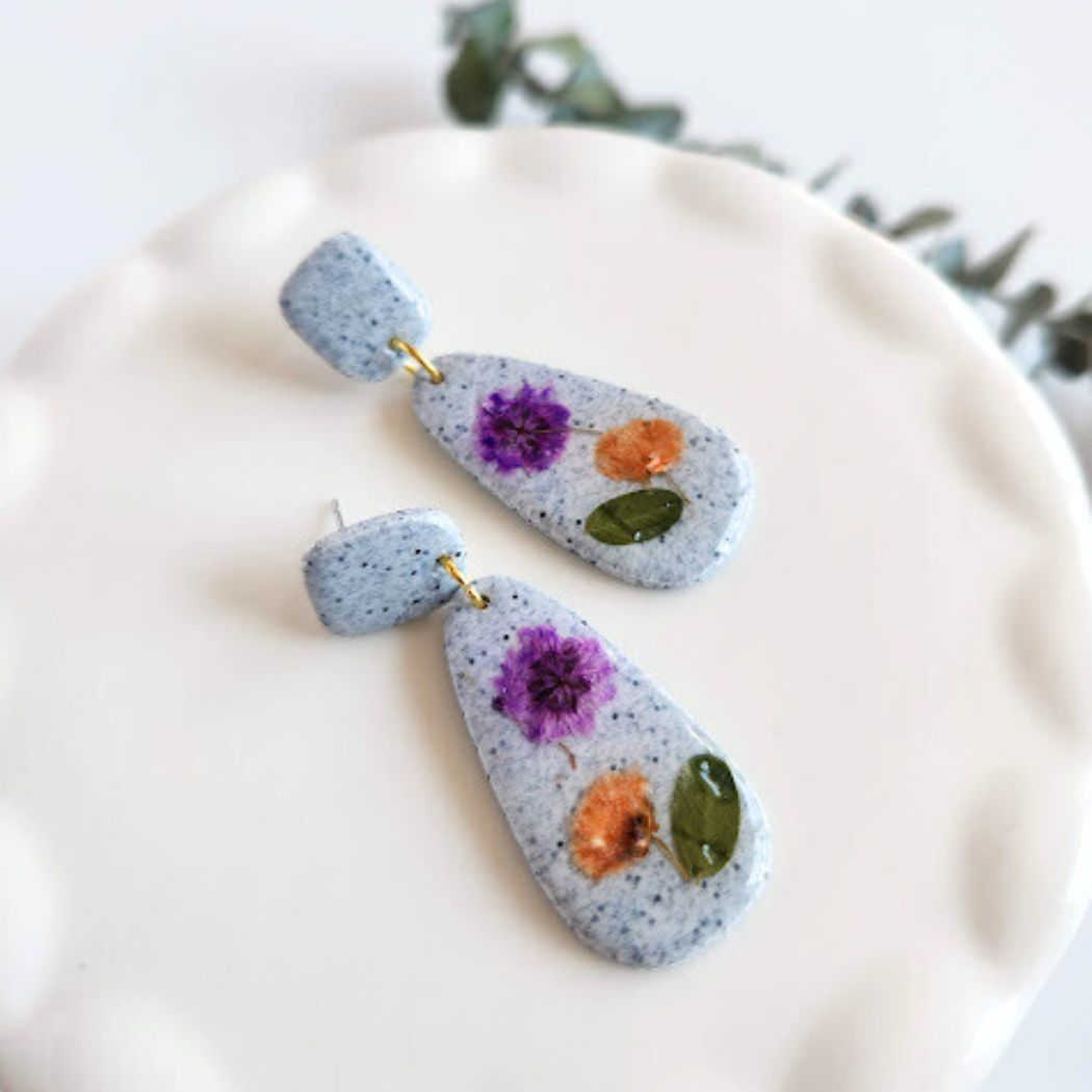 Teardrop Floral Polymer Clay Earrings