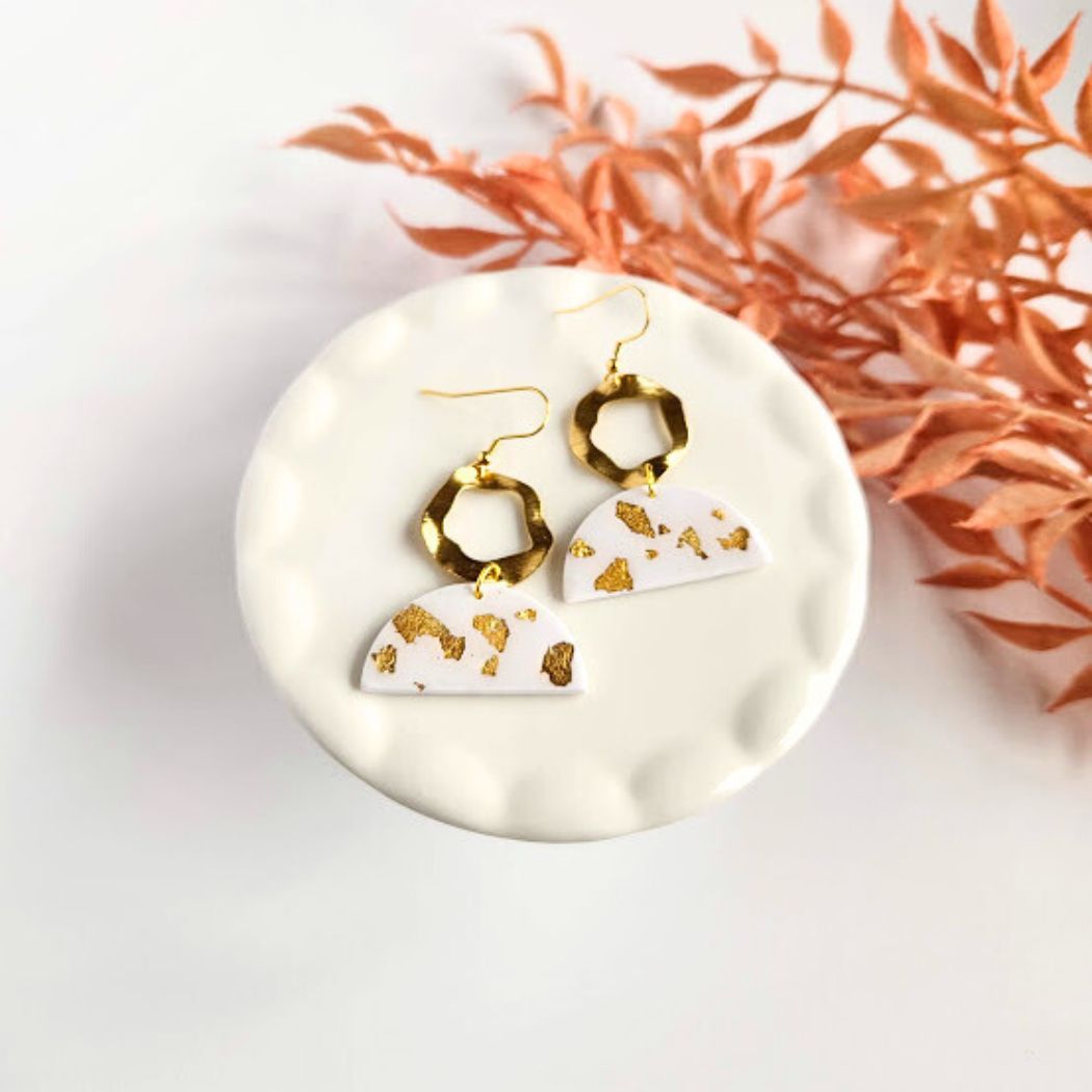 The Isha White and Gold Polymer Clay Dangle Earrings