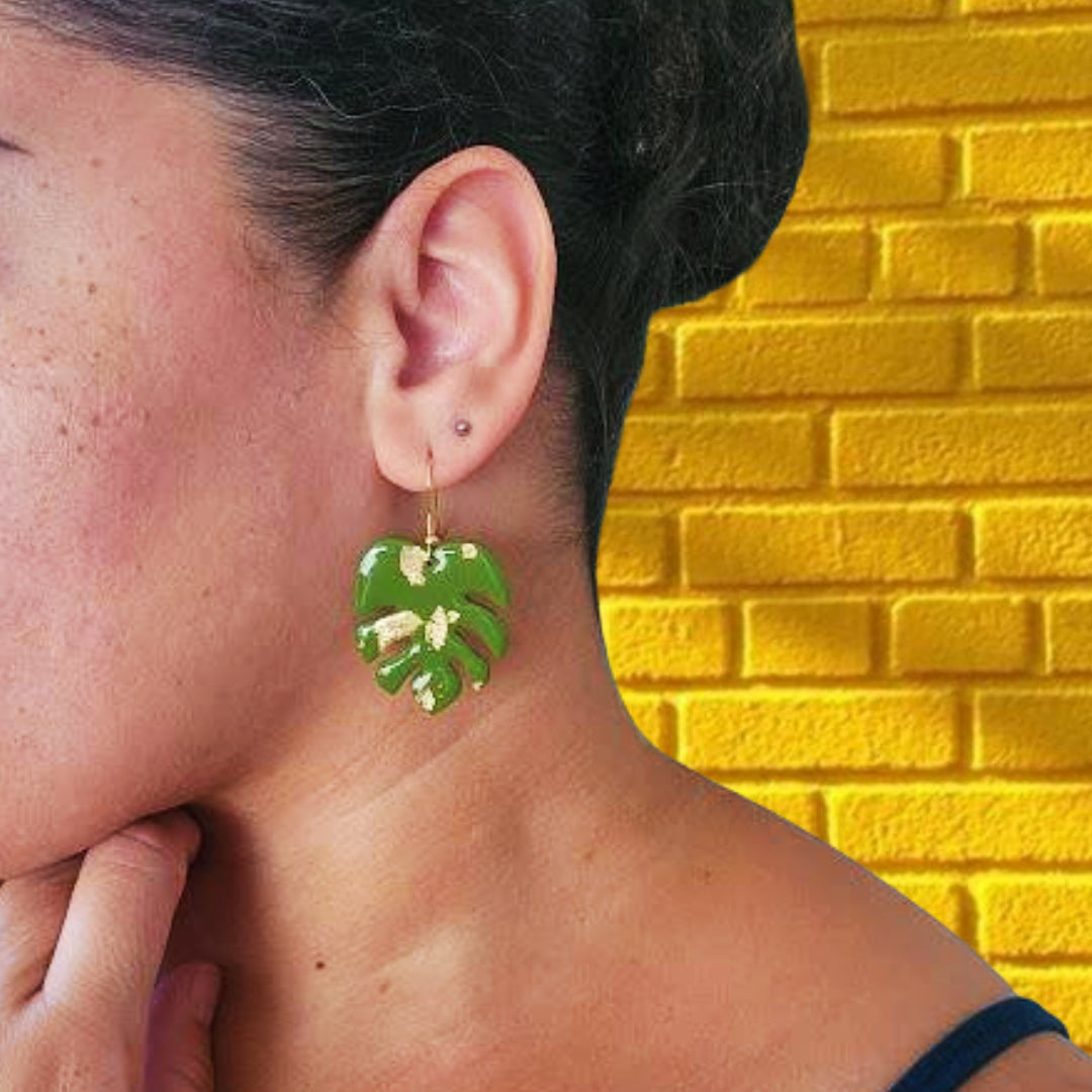 Olive Green Monstera Leaf Earrings