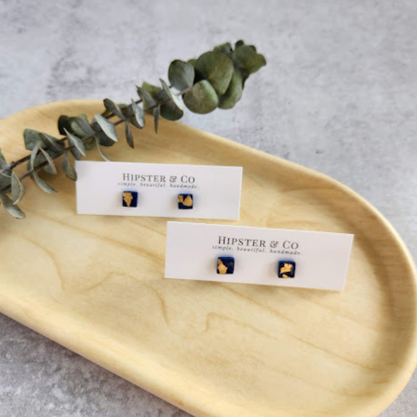 Navy and Gold Square Stud Earrings