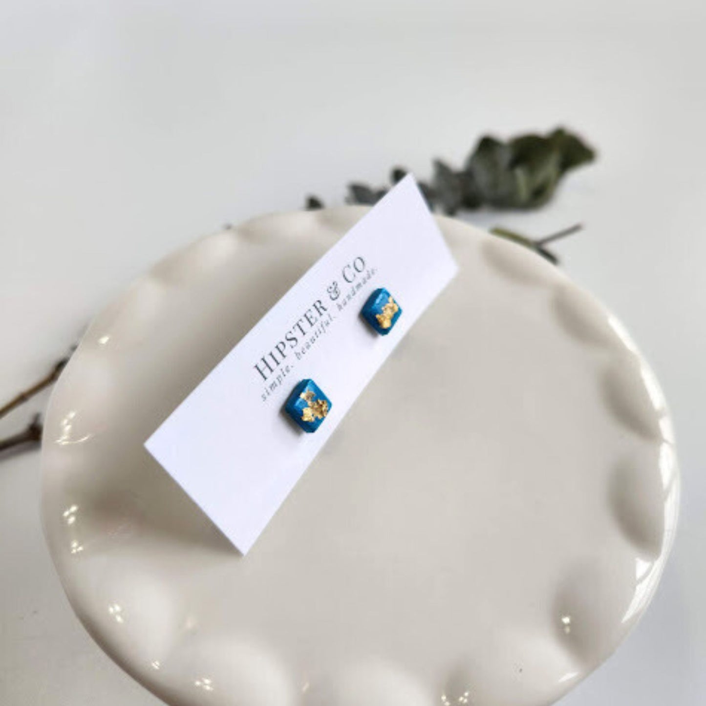 Peacock Blue and Gold Square Stud Earrings