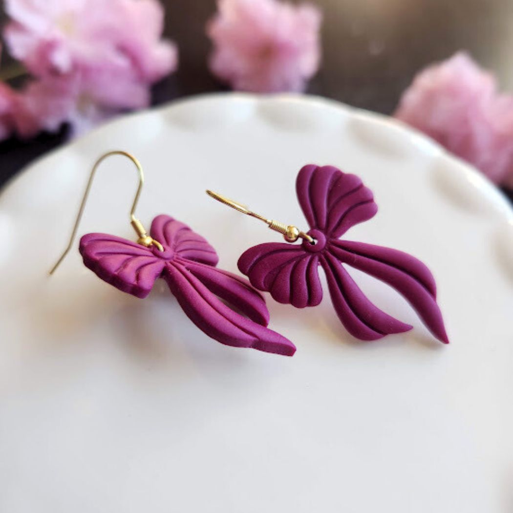 Fuchsia Bow Polymer Clay Dangle Earrings