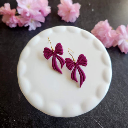 Fuchsia Bow Polymer Clay Dangle Earrings