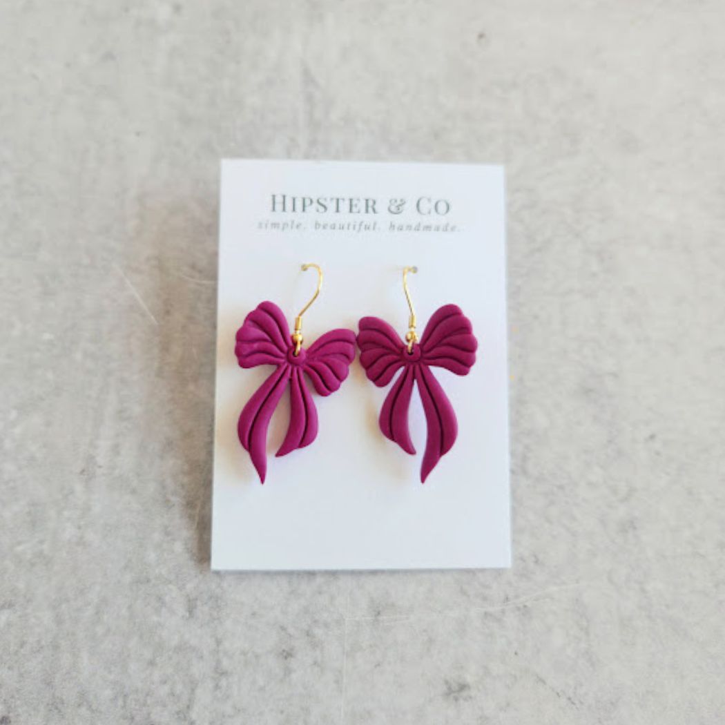 Raspberry Bow Polymer Clay Dangle Earrings