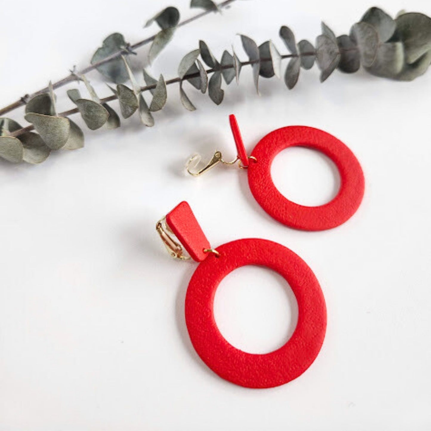 Red Geometric Clip-on Polymer Clay Dangle Earrings