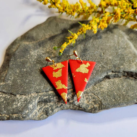 Red and Gold Triangle Polymer Clay Earrings