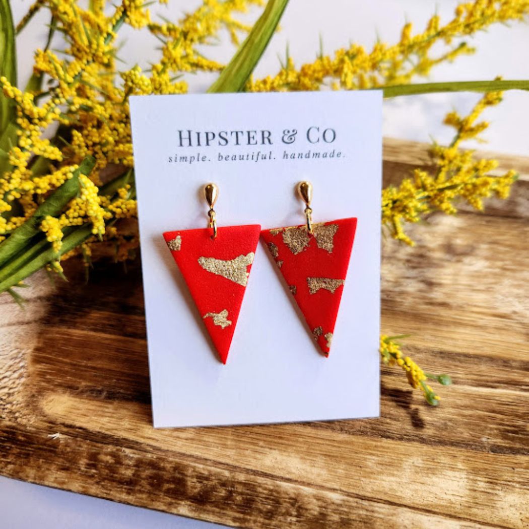 Red and Gold Triangle Polymer Clay Earrings