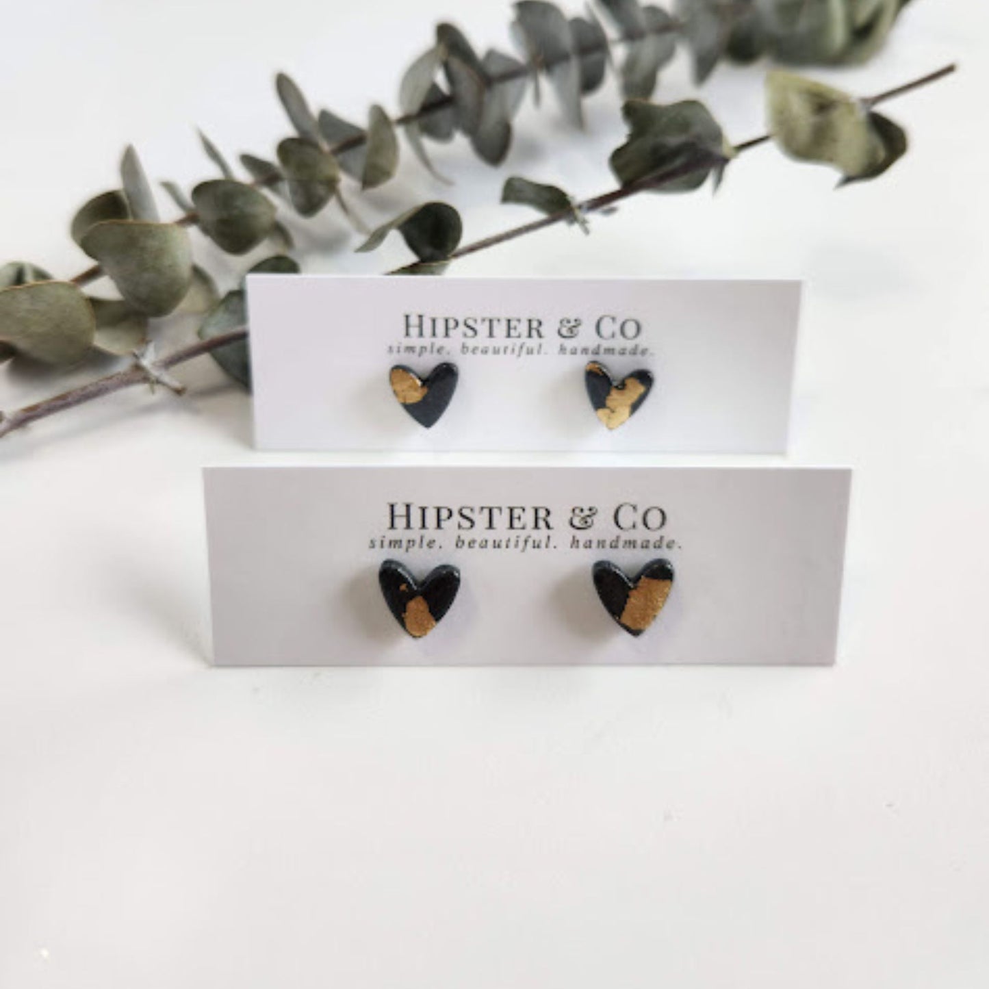 Slate Grey and Gold Heart Stud Earrings