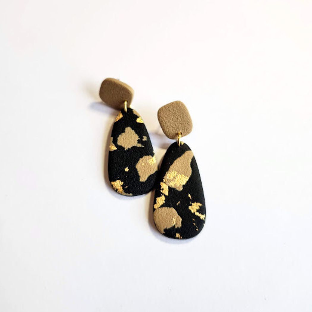 Black, Brown, and Gold Dangle Polymer Clay Earrings