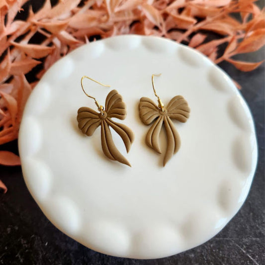 Taupe Bow Polymer Clay Dangle Earrings