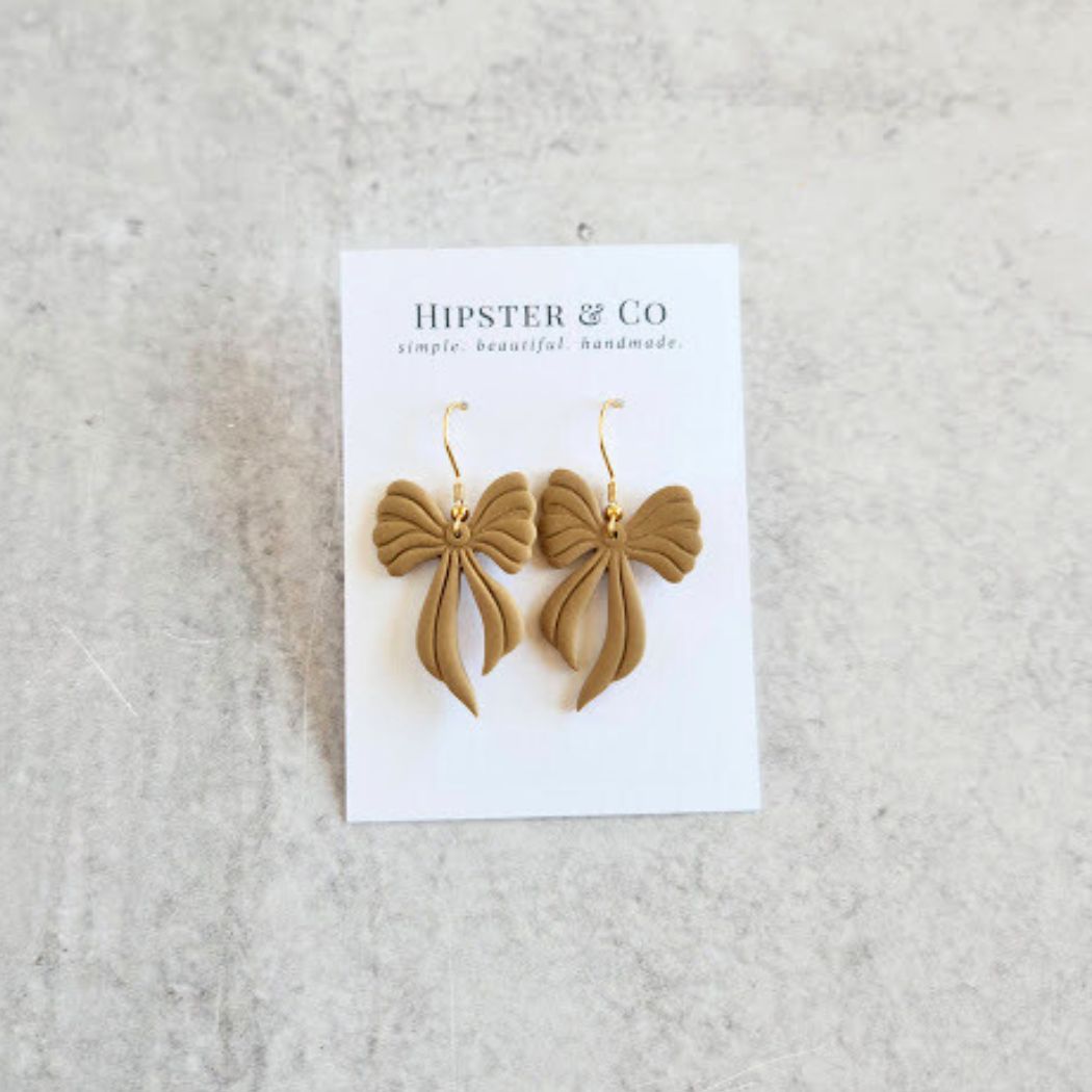 Taupe Bow Polymer Clay Dangle Earrings