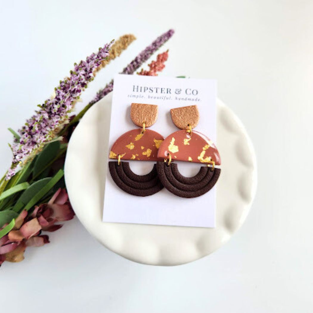 The Eliana Color Block Polymer Clay Dangle Earrings in Copper and Brown