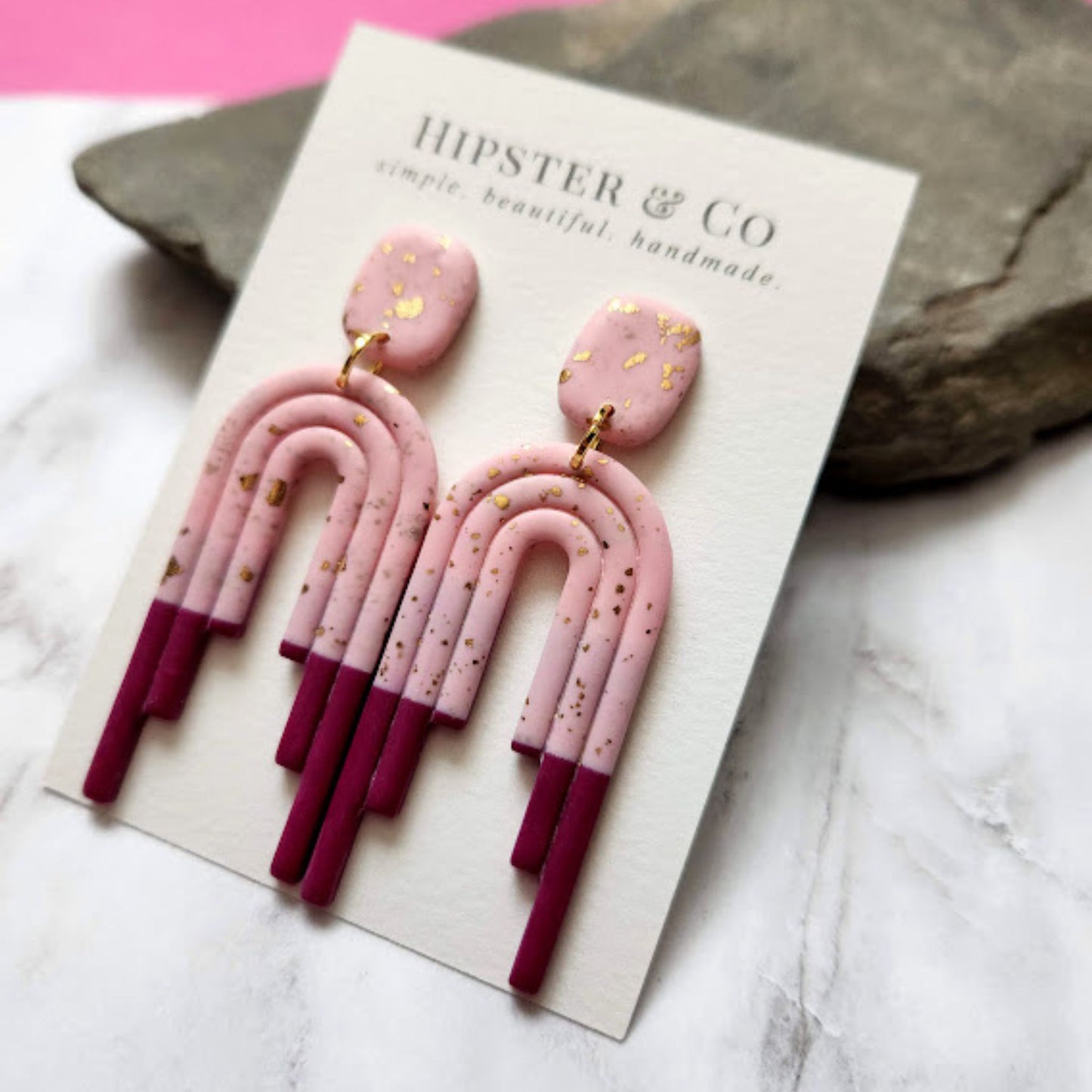 Pink, Fuchsia, and Gold Polymer Clay Dangle Earrings