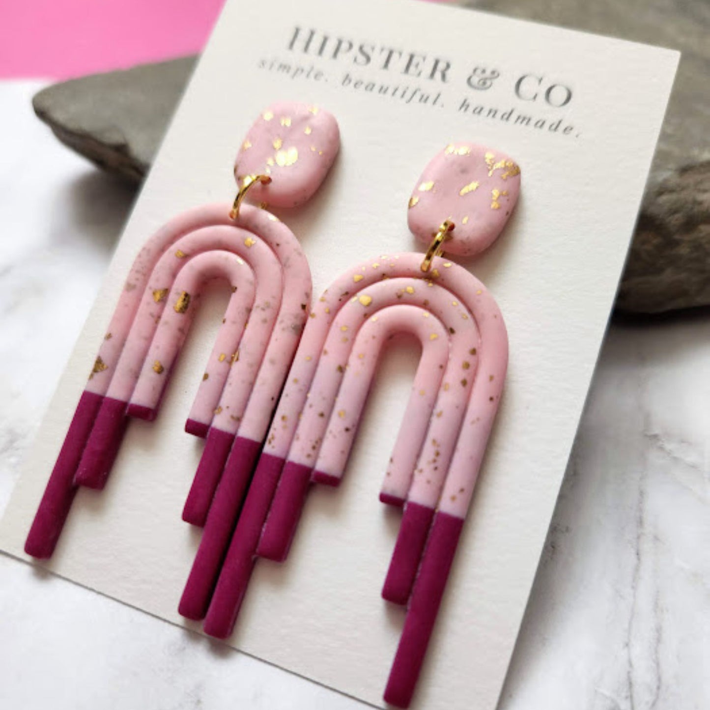 Pink, Fuchsia, and Gold Polymer Clay Dangle Earrings