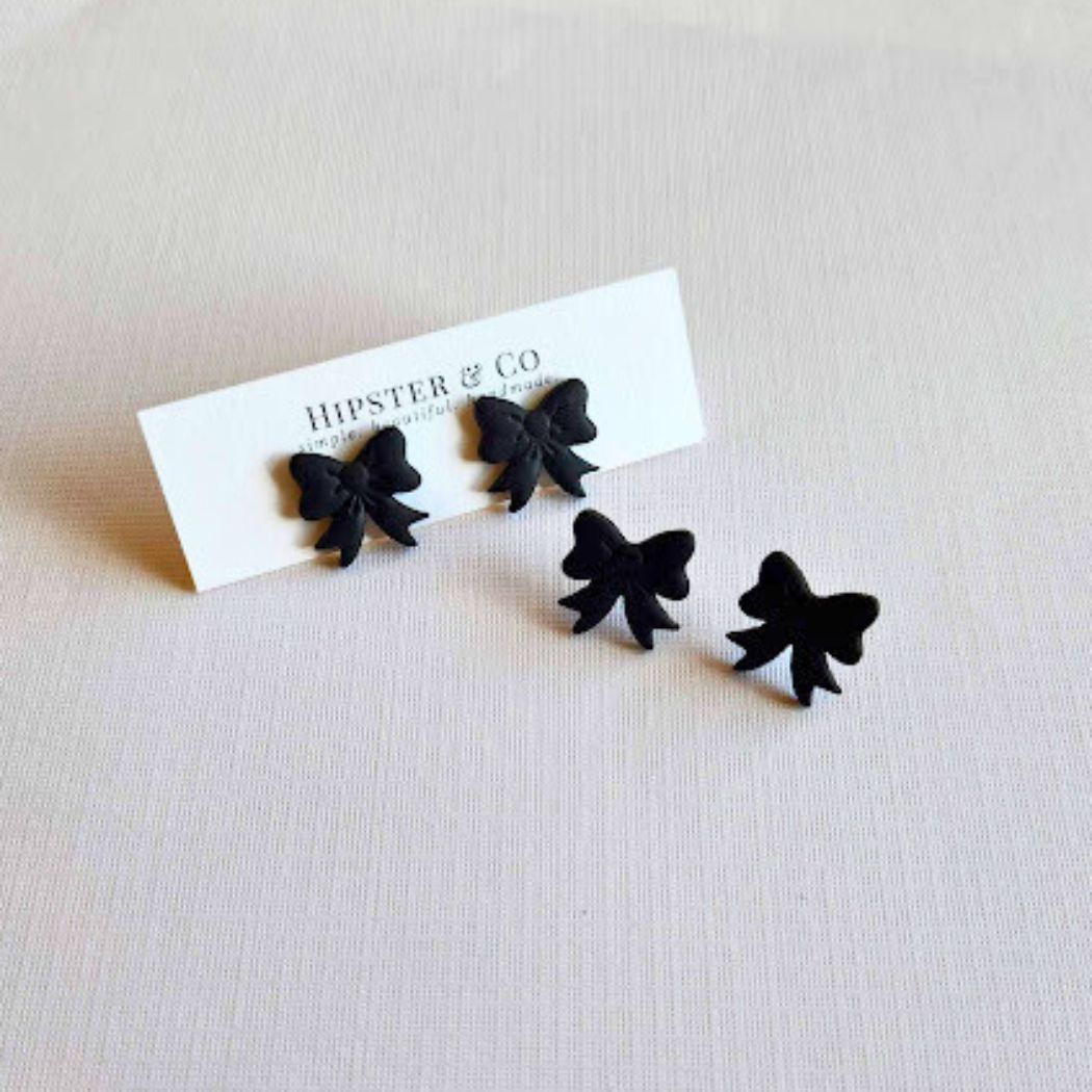 Black Bow Polymer Clay Stud Earrings