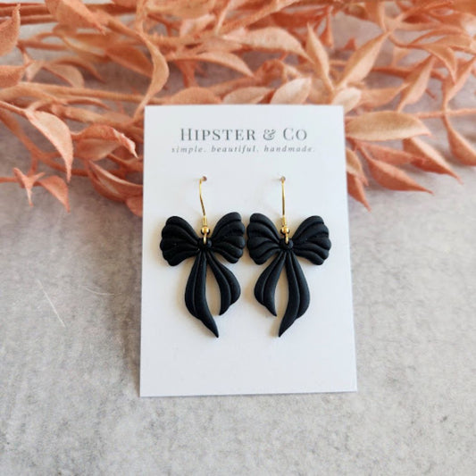 Black Bow Polymer Clay Dangle Earrings