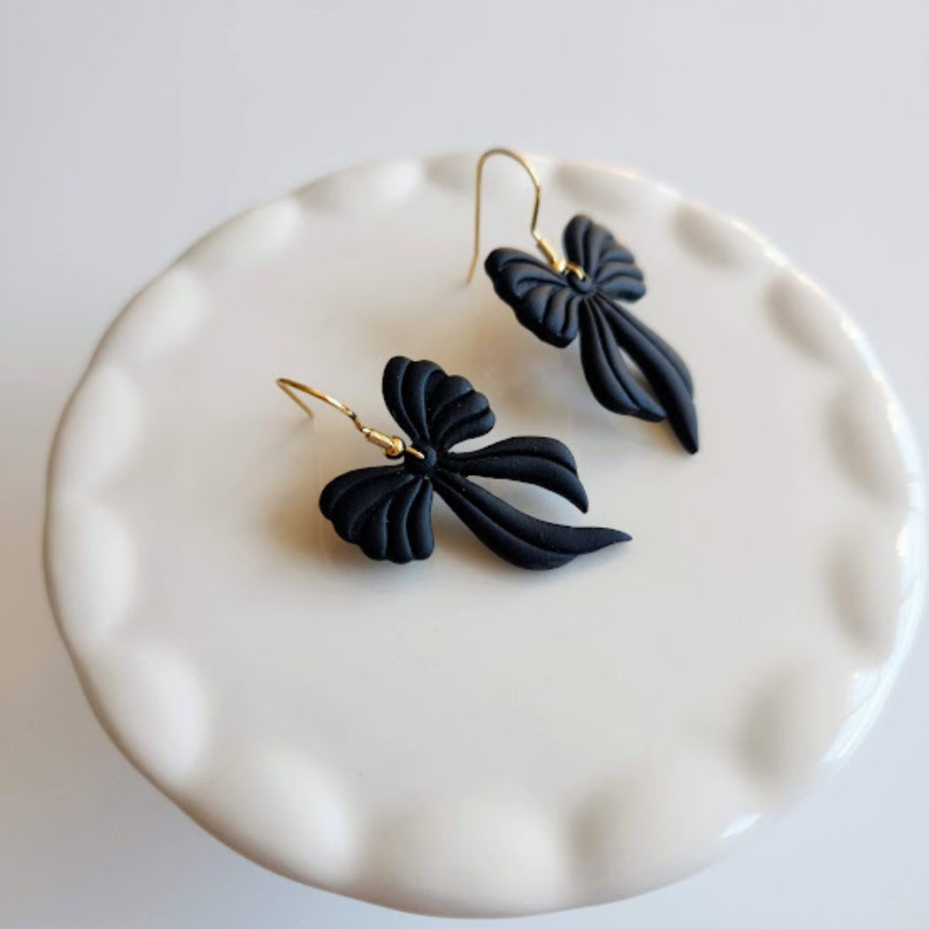 Black Bow Polymer Clay Dangle Earrings