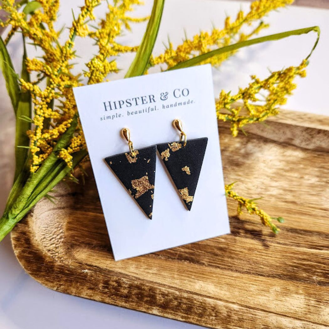 Black and Gold Triangle Polymer Clay Earrings