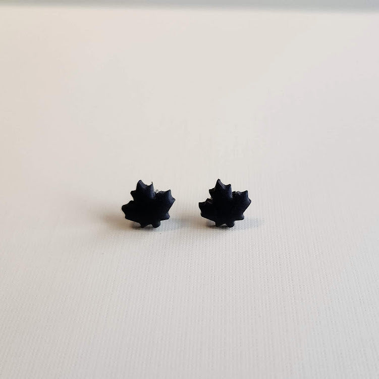 Black Autumn Leaf Polymer Clay Stud Earrings