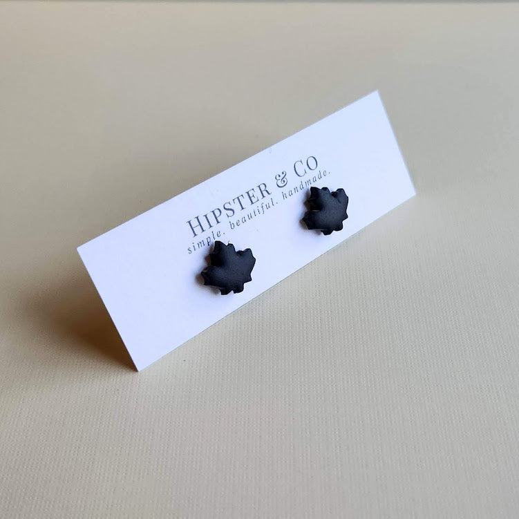 Black Autumn Leaf Polymer Clay Stud Earrings