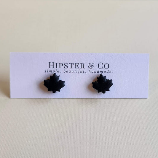 Black Autumn Leaf Polymer Clay Stud Earrings